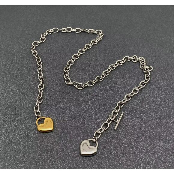 18K Golden Ss Two Tone Heart Charm Y-Neck Chain Necklace - Picture 3 of 3